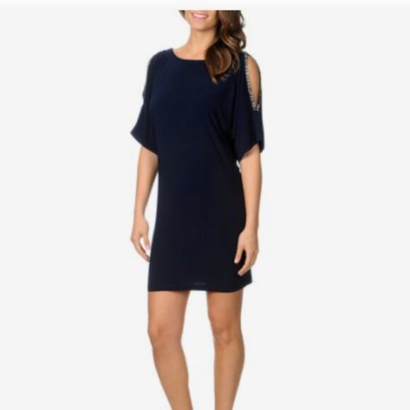 NWT Cachet Navy Blue Beaded Open Shoulder Draped Jersey Dress Size: 16 - Picture 1 of 14
